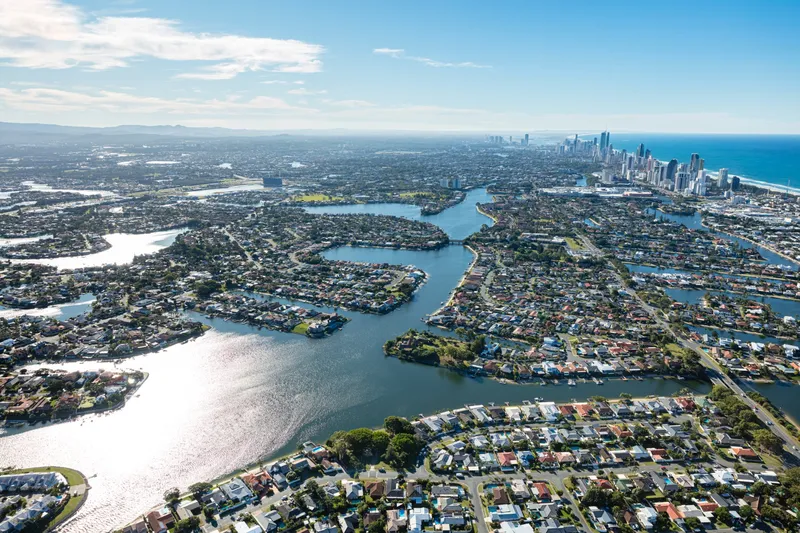 Aerial view of Gold Coast canal residential development looking north