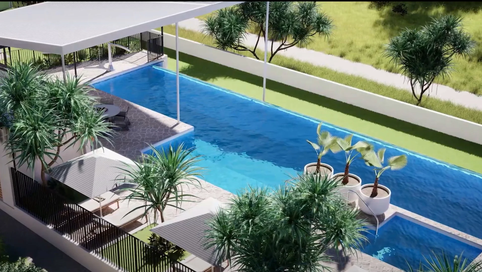 Architectural render of luxury villa with resort-style pool and tropical landscaping