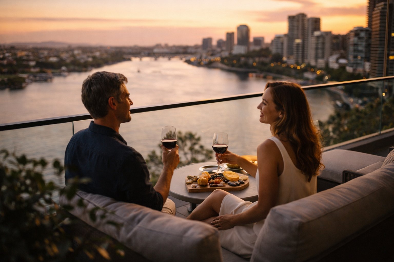 Luxury apartment balcony with city skyline views