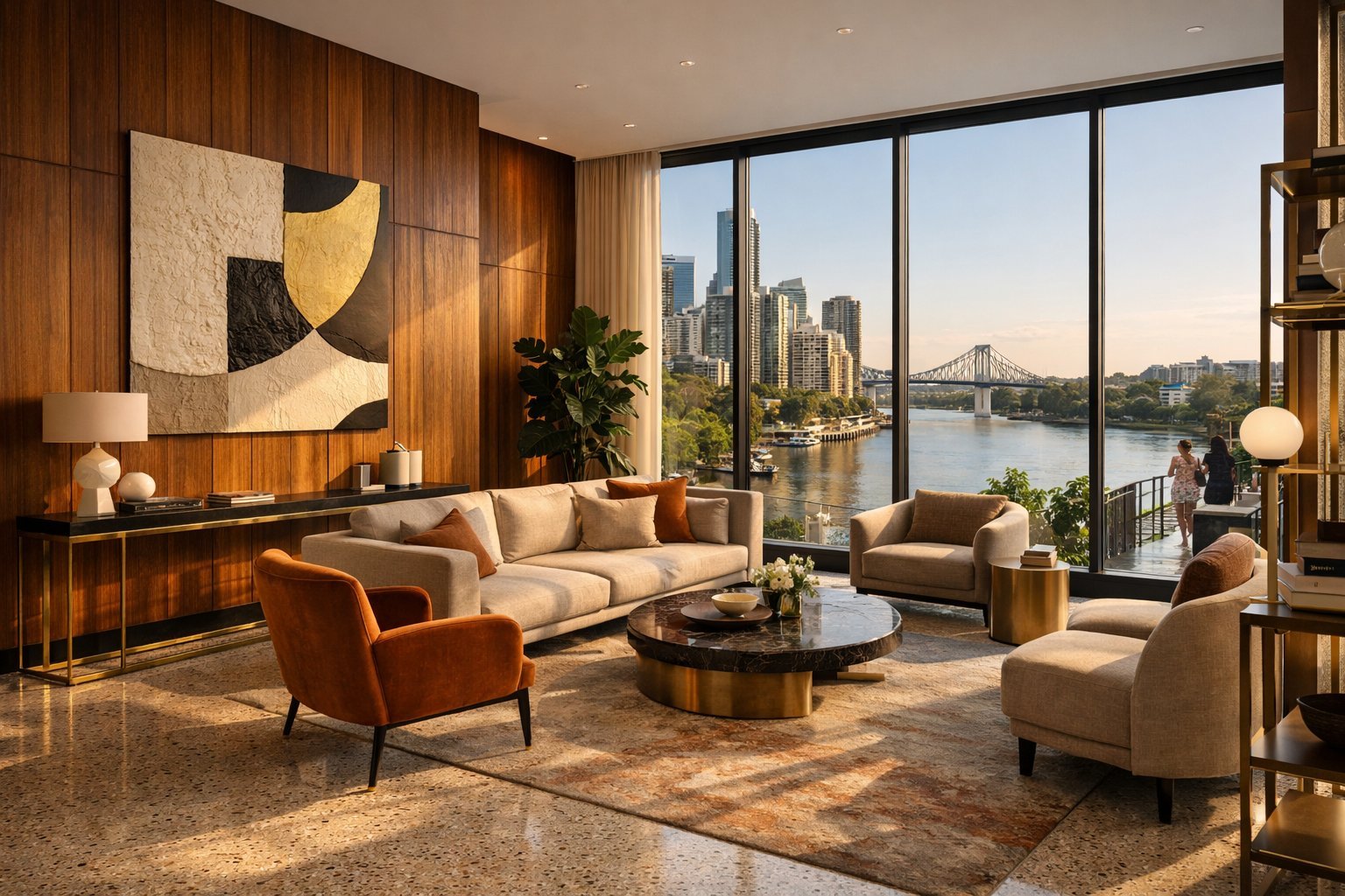 Contemporary apartment lobby with natural materials